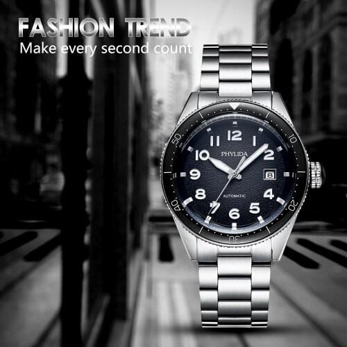 PHYLIDA 2021 Luxury Business Sport Black Mechanical Orologio Uomo Wristwatch Men Watches Automatic Stainless Steel Waterproof