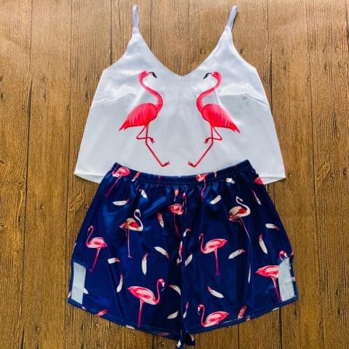 Flamingo Pajamas Women Silk Sexy Pijamas Satin Pyjama Femme Animal Cartoon Print V Neck Home Suit Sleepwear Strap Loose Pajamas