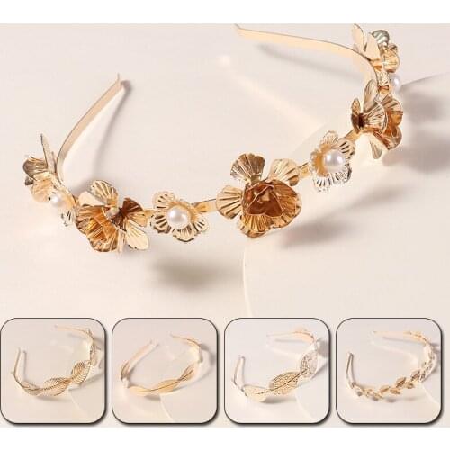 Retro Style Pearl Flower Leaves Hair Accessories Elegant Lady Noble Golden Simple Headband Korean Version Women Hair Band