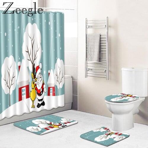 Zeegle Christmas Bath Curtain Bathroom Carpet Set Anti-slip Toilet Rug Shower Mat Absorbent Bathroom Rug Washable Bath Mat Set