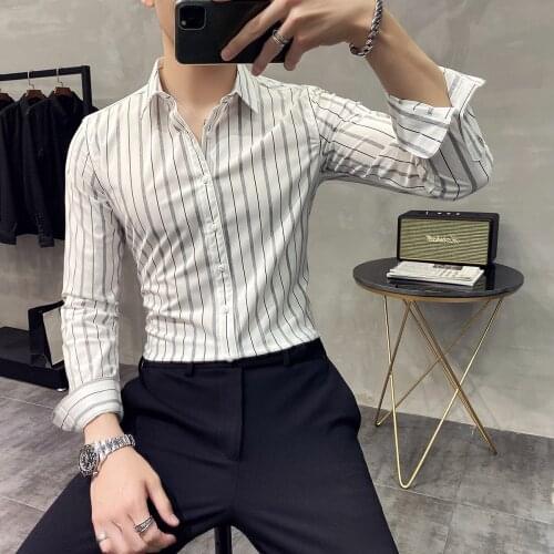 British Style Handsome Fashion Mens Shirts Button Down Slim Fit Long Sleeve Striped Shirts Business Formal Wear Chemise Homme