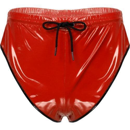 Men Sexy Beach Short Drawstring Elastic Waistband Patent Leather Shorts Male Nightclub Stage Performance Briefs with Pocket