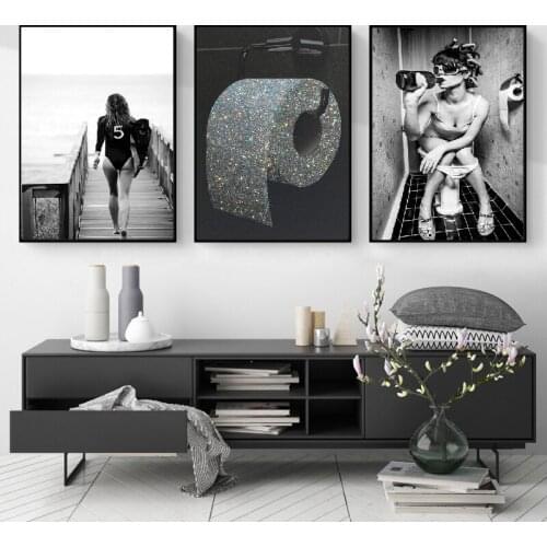 Modern Toilet Black White Roll Paper Sexy Woman Bar Girl Drinking Bathroom Canvas Prints Picture Poster Fashion Painting Decor