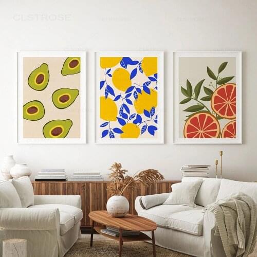 Fruit Kitchen Prints Modern Poster Avocado Canvas Print Pear Lemon Orange Wall Art Decoration Wall Pictures for Dining Room