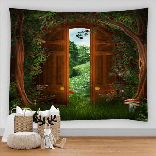 Mysterious Door Of Tree Tapestry Wall Hanging Psychedelic Forest Scenic Mushroom Elk Hippie Mandala Wall Carpet Decor Tapestries