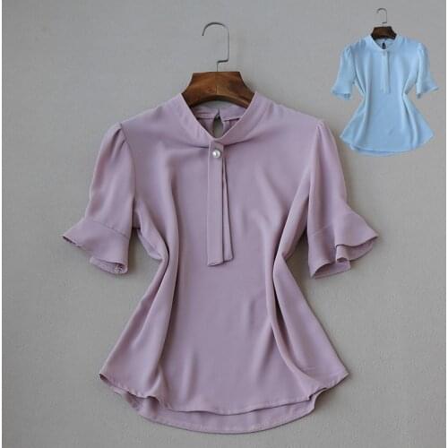 Finer Chois Trendy Ruffled Half Sleeve Stand Collar Chiffon Shirt All-match Office Lady Chiffon Blouse Top