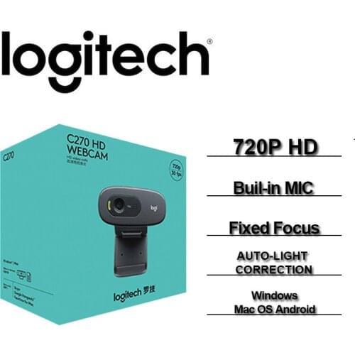 Logitech C270HD Webcam with Fixed Focus Built-in Mic 30fps 720P Video Calling Camera for Windows Mac Android