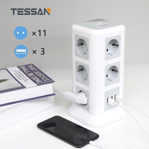 TESSAN Multi Sockets Vertical Power Strip Tower with 3 USB Ports 11 Outlets Switch 2M/6.5ft Cable Plug Extension for Home Office