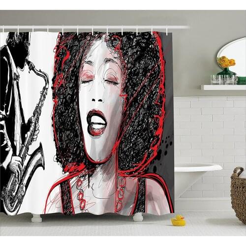 Afro Decor Shower Curtain African American Girl Singing with Saxophone Player Popular Sound Bath Curtain With Hooks For Bathroom