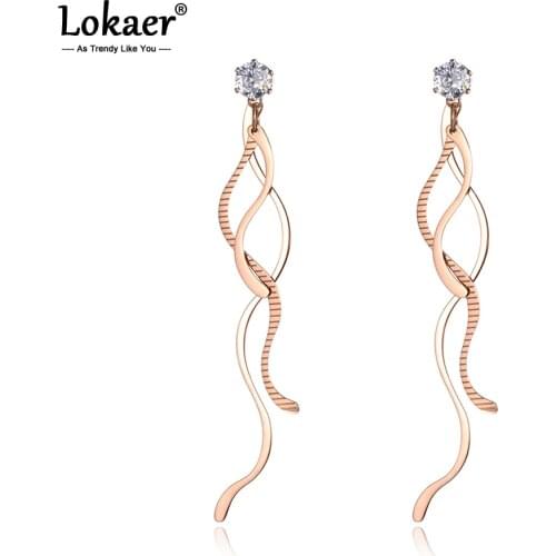 Lokaer Trendy Stainless Steel Geometric Bending Tassel Earrings Jewelry Rose Gold CZ Crystal Dangle Earrings For Women E19110