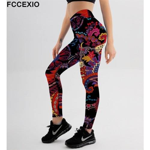 FCCEXIO Women Leggings Fashion Geometric Flower Printing Legging Sexy Silm High Waist Stretch Trouser Pants Женские штаны