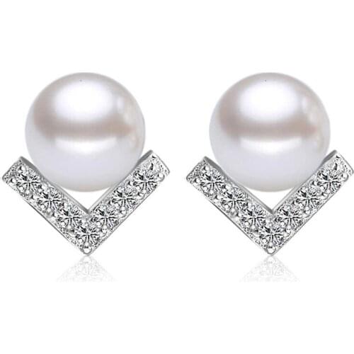 100% 925 sterling silver pearl shiny crystal stud earrings for women wholesale jewelry birthday gift drop shipping