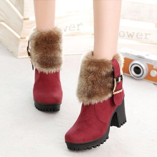 2021 Square heel women winter shoes classic buckle warm fur snow ladies boots high heels black platform ankle boots women