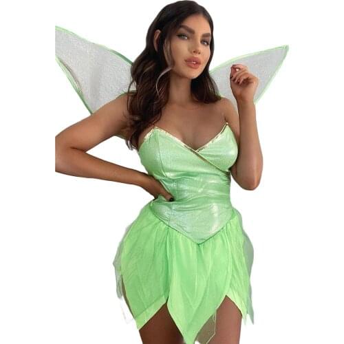 Ladies Halloween Forest Fairy Costume Sexy Solid Color V-neck Backless Sequin Tube Tops Irregular Ruffle Short Dress with Wings