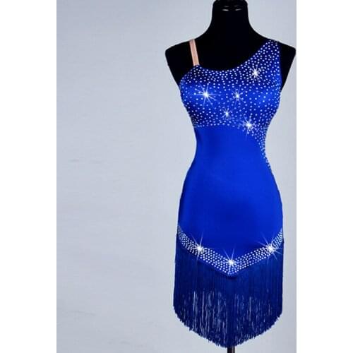 Latin Dance Dress Women Sexy Shoulder Diamond Fringe Dress Rumba Performance Stage Clothes Samba Tango Cha Cha Dancewear DQL3002