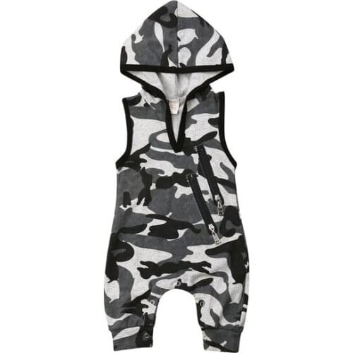 2021 Baby Boys Summer Clothing Newborn Toddler Fashion Hooded Rompers Camouflage Print Sleeveless Zip Jumpsuits 0-24M