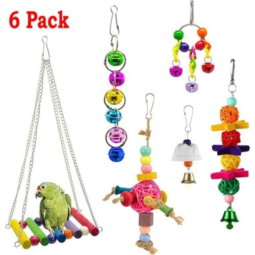 6Pack/set Bird Parrot Toys Metal Rope Small Ladder Stand Budgie Cockatiel Wooden Hanging Colorful Bell Balls Cage Bird Toy Set