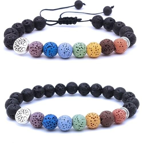 8mm Seven Chakra Tree of Life Bracelet Black Lava Stone Beads Women Men Bracelet Buddha Yoga Strand Briaded Bracelet Jewelry Set