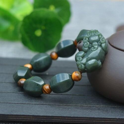 Natural Green Nephrite Stone Bracelets Carved Pixiu Bracelet Tiger Eye Stone Bracelets Bangles Gift for Mens Jade Jewelry
