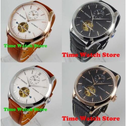 Parnis 43mm Luxury GMT automatic wrist mens watch dual time scratch proof polished gold silver case white black dial waterproo