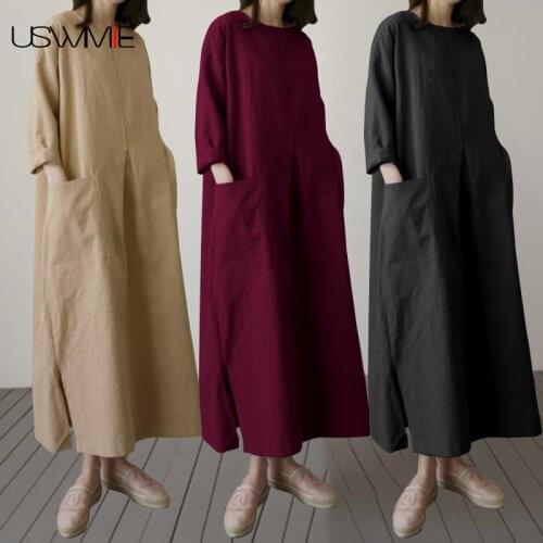 Elegant Dress Summer New Literary Outwear Temperament Long Sleeve Round Neck Pockets Solid Color Casual O-neck Plus Size Dress