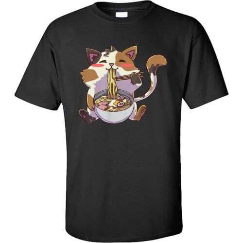 Personalized T-shirts Men Anime Cat Ramen Kawaii Neko TShirt 100% Cotton Adult Tees Summer Clothing Cat Noodle