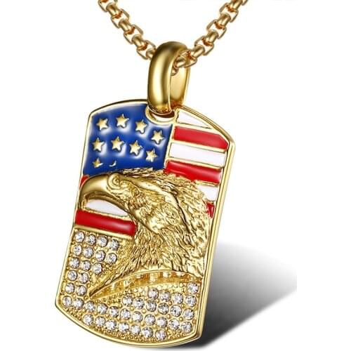 HIP Hop 316L Stainless Steel American Flag Eagle Necklace Pendants Bling Ice Out Full Rhinestone Gold Necklaces for Men Jewelry