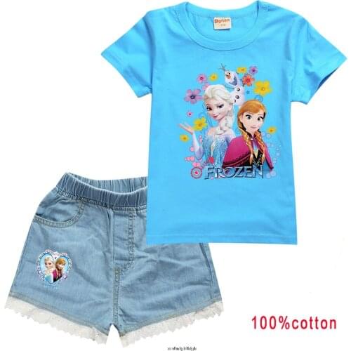 Disney Cartoon Girls Cotton T-shirt + Soft Denim Shortsset Frozen Anna Elsa Anime Printing Clothes Kids Child Baby Suit Clothing
