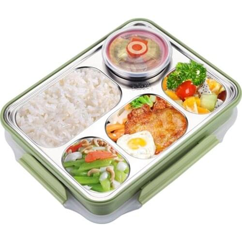HLZS-5 Compartments Lunch Box Stainless Steel Leak-proof large Bento Boxes Soup Container School Dinnerware