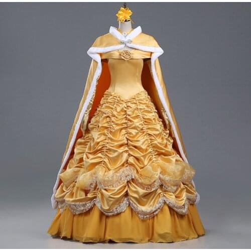 Girl And Beast Belle Cosplay Costume Adult Women Party Dress Fancy Halloween Carnival Princess Dress With Decorations