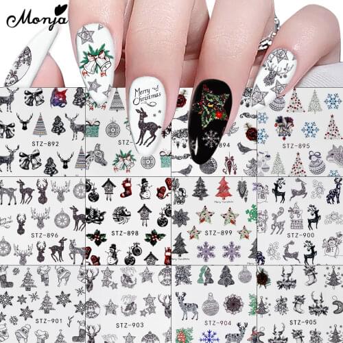 Monja 12 Pcs Christmas Series Nail Art Water Transfer Sticker Elk Xmas Tree Snowflakes Watermark Nail Decals Manicure Decoration