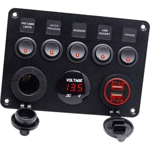 5 Gang Rocker Switch Panel W/ Digital Voltmeter+12V Power Socket +Double USB