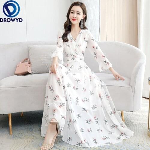 Plus Size Print Beach Maxi Sundress 2021 Floral Chiffon Boho Midi Dress Summer Vintage Elegant Women Bodycon White Party Vestido