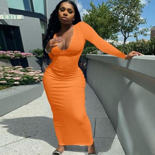 ANJAMANOR Sexy Maxi Dresses for Women 2021 Autumn Solid Color Ribbed Knitted Deep V Neck Long Sleeve Bodycon Dress D96-CZ34
