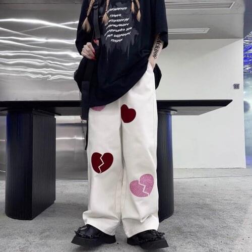Heart-shaped print drawstring casual couple loose wide-leg trousers women retro hip-hop trend Harajuku straight sports pants men