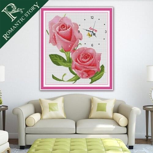 Romantic Story Companions Roses Flower Clock Cross Stitch Needlework DIY 11CT Printing Cross Stitch Sets For Embroidery Kits