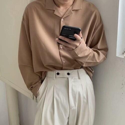 2021 Spring Camisas Mens Suit Collar Lining Thin Solid Color Casual Loose Long Sleeve Slim Shirt French Cuff Mens Fashion Tops