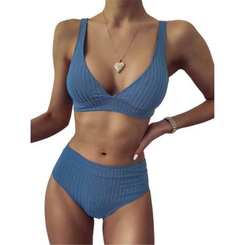 Sexy Bikinis Solid Push Up Bikini 2021 Hot Sale Padded Bra Straps High Waist Swimsuit Female Swimwear Women Biquini