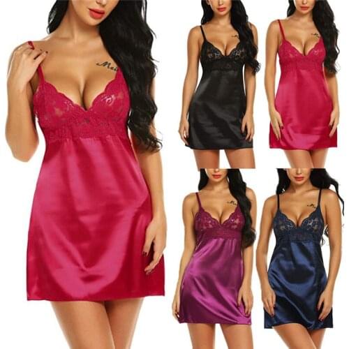 Sexy Lingerie Casual Sling Backless Nightdress Nightgown Clothes Women Silk Sexy Lace V Neck Sleepwear Underwear Dress