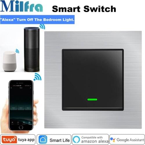 Milfra Wifi Smart Switch Neutral Wire Required Push Button Voice Phone Control Silver 86mm for Google Home Alexa Tuya Smart Life