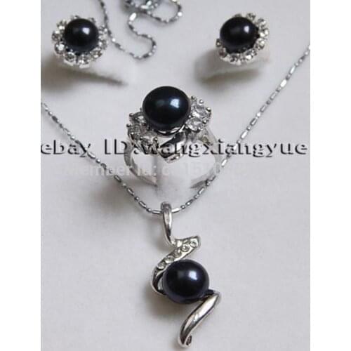 Fine 12mm Black Akoya Cultured pearl Earrings /Ring / Necklace Pendant Set AAA Jewelry word FREE SHIPPING