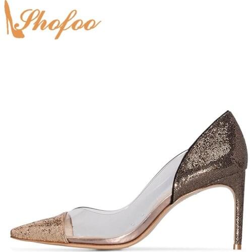 Gold Clear High Thin Heels Sequined Cloth Pointed Toe Pumps Woman For Ladies Fashion Party Mature Shoes Large Size 13 15 Shofoo