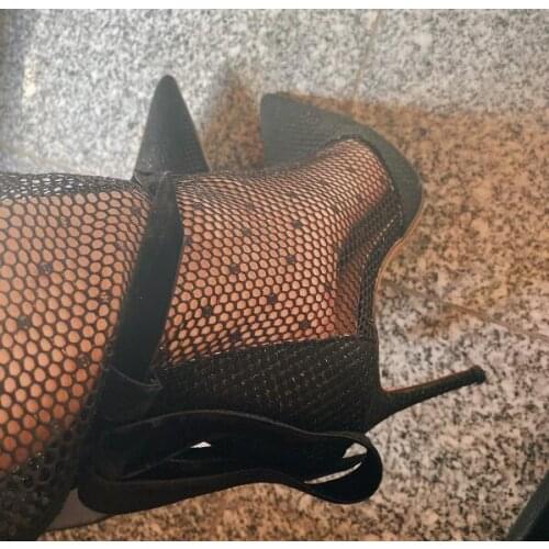 Fashion Ladies Black Lace Mesh Pointed Toe Pumps Woman Lace Up Front 7/9 cm Stiletto Heels Tube Short Night Club Party Shoes