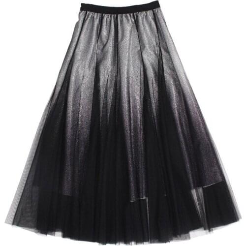 Autumn Winter Mesh Bright Silk Stitching A- Line Big Long Tulle Pleated Sexy Knee Length Black Fairy tango Skirt Skirts Womens