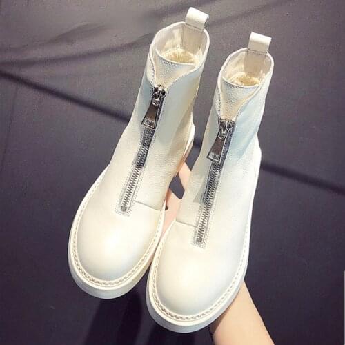 Genuine Leather Women Boots Winter Plus Velvet Woman Shoe Fashion Female Breathable Cowhide Bootie Front Zipper Light White Boot