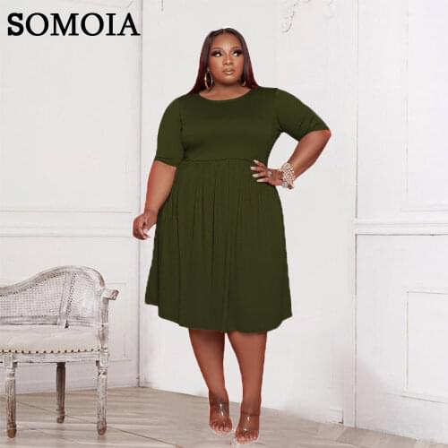 Plus Size Dress Womens Clothing Fashion Round Neck Short Sleeve Personality Draped Pure Color Casual Loose Mid Length Skirt