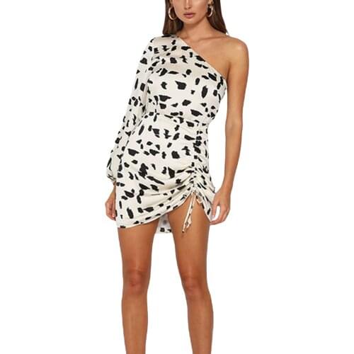 Women’s Casual Single Sleeve Dress Fashion Leopard Oblique Shoulder Drawstring Skinny Short Dress