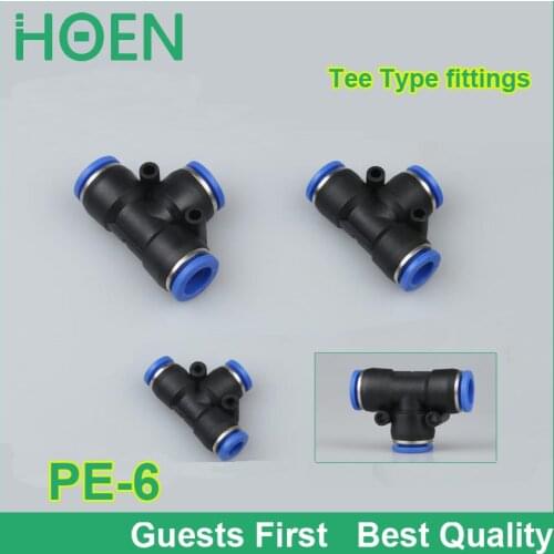 100PCS/LOT blue color PE6 5mm tee fitting Pneumatic quick jiont connector push in tube fittings PE-4 PE-6 PE-8 PE-10 PE-12 PE-14