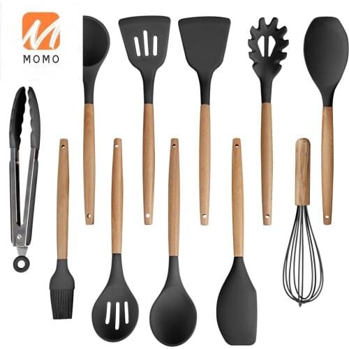 Free Shipping 12pcs cooking utensils non-stick wooden handle Kitchen accessories tools wood kitchen utensil set with holder