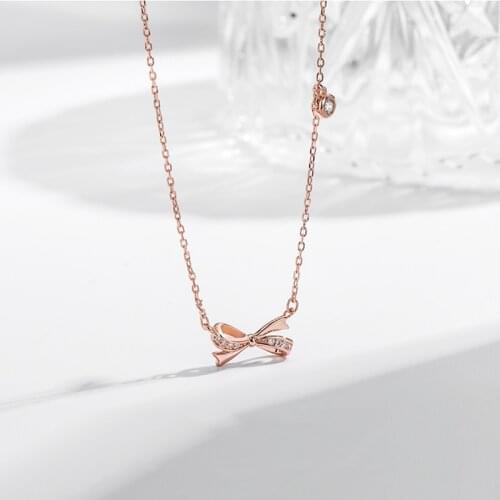 Bling Bowknot Cubic Zirconia Rose Gold 925 Sterling Silver Clavicle Chain Necklace For Women Ladies Luxury Dainty Jewelry SN2302